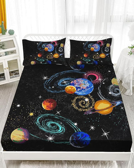 AILONEN Outer Space Full Size Fitted Sheet 3 Pieces Set, Galaxy Starry Sheet for Kids Boys - Eight Planet Theme Soft Breathable Bed Sheet, 1 Fitted Sheet and 2 Pillowcases