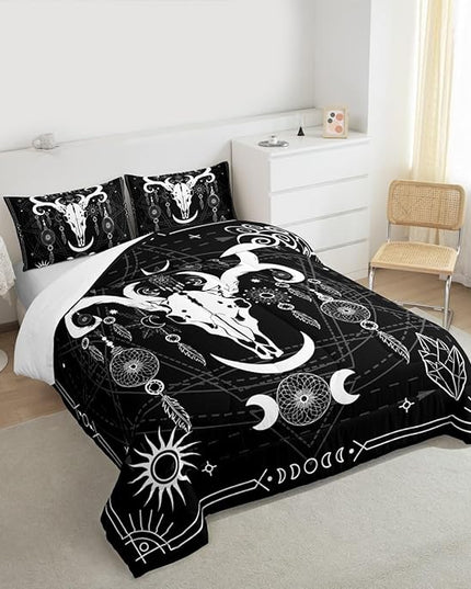 Manfei Bull Cow Skull Kids Comforter Set Twin Size,Sun Moon Starry Sky Galaxy Trippy Bedding Set,Boys Girls Adults Room Decor,Dreamcatcher Bohemia Down Comforter,Black White Duvet Insert,1 Pillowcase