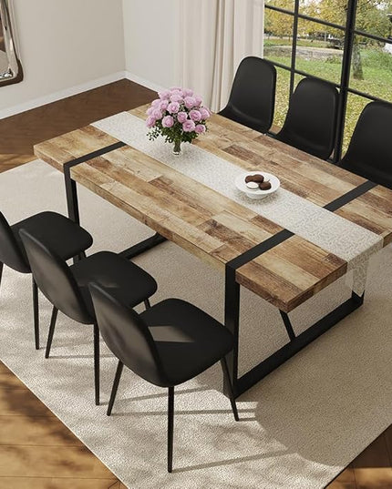 FURNITO Wood Dining Table Set for 6, 71" Large Rectangular Kitchen & Dining Room Table with 6 PU Leather Chairs, Modern Farmhouse Dining Set for Home, Living Room, Office, or Conference Room