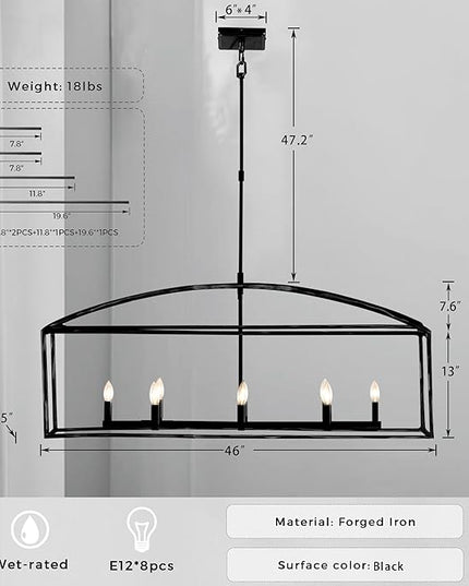 Farmhouse Iron Linear Chandelier, Industrial Cage Adjustable Height Hanging Lamp with Hammered Metal Finish, Light Fixtures for Kitchen Island, Dining Room, Hallway, Foyer, Entryway (Black)