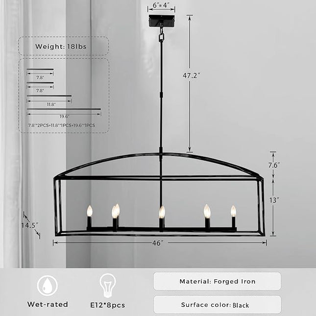 Farmhouse Iron Linear Chandelier, Industrial Cage Adjustable Height Hanging Lamp with Hammered Metal Finish, Light Fixtures for Kitchen Island, Dining Room, Hallway, Foyer, Entryway (Black)