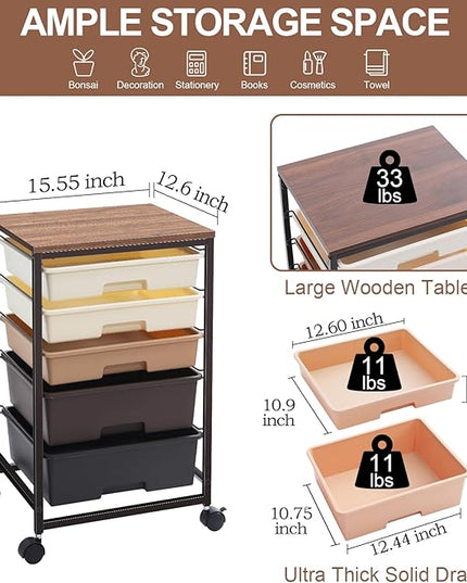 Utility Cart with 5 Drawers,Storage Drawer Cart with Wooden Tabletop and Lockable Wheels,Craft Storage Trolley Cart,5-Tier Rolling Utility Cart on Wheels,Dark Brown