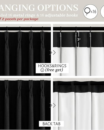 Floor to Ceiling Black Linen Curtains 102 Inches Long for Dining Room 2 Panels Set, Full Blackout Pinch Pleated Thermal Heat Reducing Drapes with Hooks for 100-102 Inch Large Window Double Layer Burg