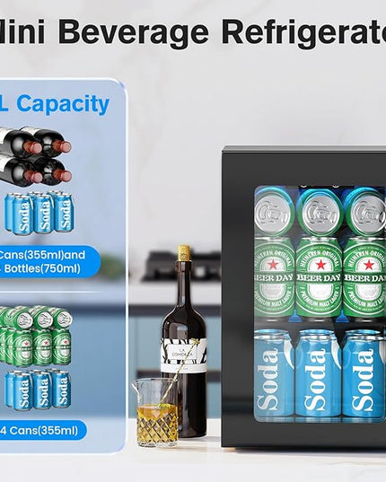 24 Cans Beverage Refrigerator Cooler, Mini Fridge Countertop Drink Cooler for Soda, Canned Beer, Adjustable Digital Temperature Control for Home Dorm Office, Black