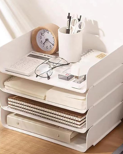 4 Tier Desk Organizer, Stackable Paper Tray Organizer for Document, Letter, A4 File Paper, Desk Accessories, Notes, Pens (White, 4 Pack)