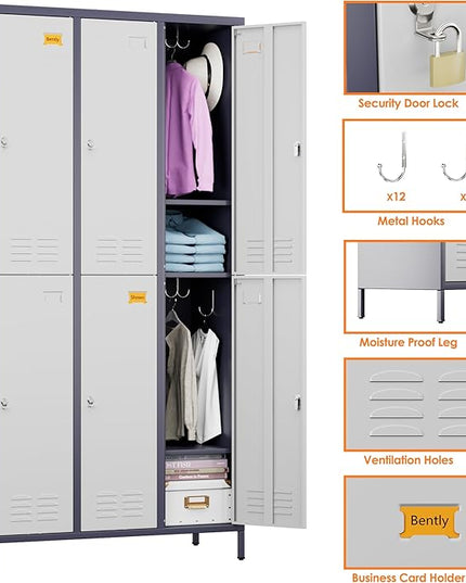 Aobabo Upgraded Metal Storage Locker for Employees, 6 Doors Metal Locker Cabinet with Lock and Name Card Slot, Industrial Storage with 18 Hooks, for Office Gym, Assembly Required,Grey White