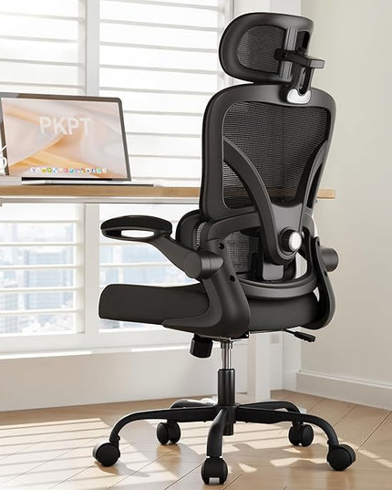 Ergonomic Office Chair with Adjustable Lumbar Support & Headrest, High Back Mesh Chair with Flip-up Armrests for Long Hours, 330 lbs Home Office Desk Chair, Black