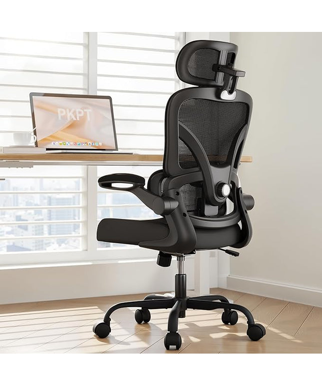 Ergonomic Office Chair with Adjustable Lumbar Support & Headrest, High Back Mesh Chair with Flip-up Armrests for Long Hours, 330 lbs Home Office Desk Chair, Black