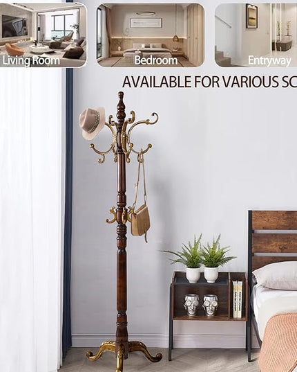Wooden Coat Racks, Retro 78" Coat Tree with 12 Hooks & Stable Triangular Base, Entryway Coat Rack Freestanding for Hat, Clothes, Scarves, Handbags, Umbrella (Vintage)