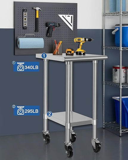HARDURA Stainless Steel Commercial Table Prep & Work Table with Casters Heavy Duty Metal Table with Wheels NSF 430 24×18 Inches