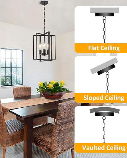 Black Farmhouse Modern Chandelier Light Fixture for Dining Room, 3 Light Rustic Kitchen Island Metal Pendant Hanging, Adjustable Geometric Foyer Light Fixtures for Entryway Hallway Living Room