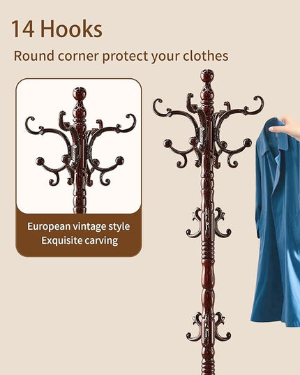 EZIVIEZ Wooden Coat Rack Stand, Solid Wood Freestanding Coat Rack, Vintage Coat Racks with 14 Hooks & Disc Base, Standing Coat Hanger Jacket Tree Stand for Office, Entryway, Hallway