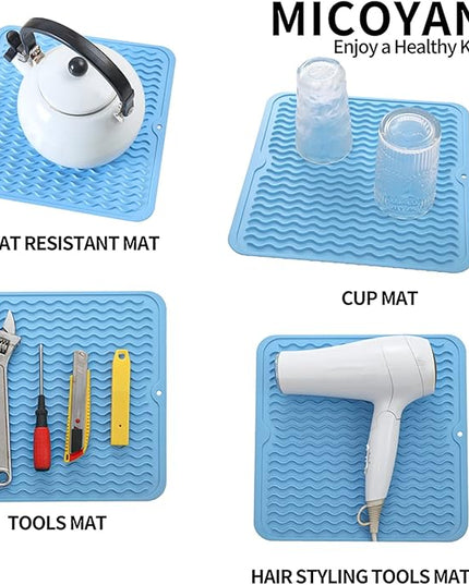 Silicone Dish Drying Mat for Multiple Usage,Easy clean,Eco-friendly,Heat-resistant Silicone Mat for Kitchen Counter or Sink,Refrigerator or Drawer liner Light Blue M 12 inches x 12 inches
