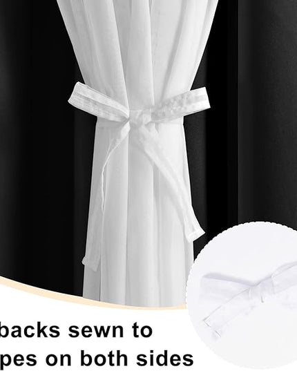 Hiasan Black Blackout Curtains with Sheer Overlay, Grommet Thermal Insulated Mix & Match Double Layer Window Curtains for Bedroom, Living Room, 2 Drape Panels Sewn with Tiebacks, 70W X 84L