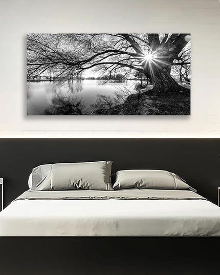 LKY ART Wall Art Decor Black and White Lake Landscape Canvas Wall Art for Living Room Office Bedroom Old Tree Silhouette with Sunburst Nature Photography Print Picture Artwork 24 x 48 inches
