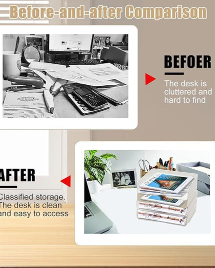 4 Tier Desk Organizer, Stackable Paper Tray Organizer for Document, Letter, A4 File Paper, Desk Accessories, Notes, Pens (White, 4 Pack)