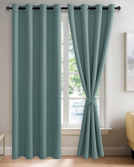 JIUZHEN Stone Blue Blackout Curtains with Tiebacks Thermal Insulated, Light Blocking and Noise Reducing Grommet Curtains for and Living Room, Set of 2 Window Curtain Panels, 52 x 90 Inch Length