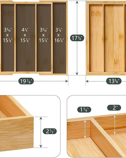 Bamboo Utensil Organizer Cutlery Organizer - Expandable 5 Slots Multipurpose Kitchen Drawer Organizer for Large Cooking Utensils, Baking Tools, Knife Set W13.7"-19.9" x L17.6" X H2.5"(Yellow)