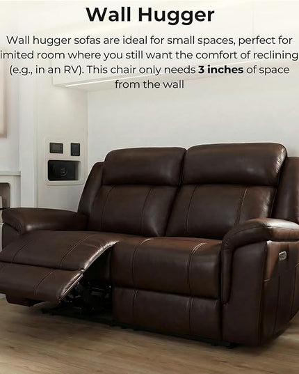 CHITA Genuine Leather Power Recliner Sofa, Wall Hugger Reclining Loveseat with Power Headrest, Charging Ports, Reclining Sectional Couch for Living Room, RV, Dark Brown