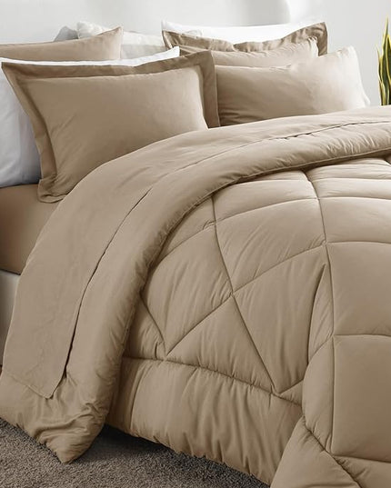 CozyLux Queen Comforter Set Taupe - Bed in a Bag Queen Size 7 Pieces, Luxury Soft Bed Set for All Seasons, Bedding Set with Down Alternative Comforter, Sheets, Pillowcases & Shams
