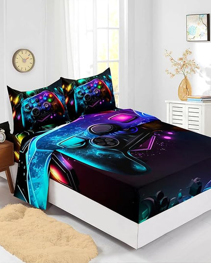 AILONEN Gamepad Fitted Sheet for Kids Girls Twin Size, Beautiful Gamer Bed Sheet Set,3D Colorful Game Handle Theme Bed Sheet Sets,1 Fitted Sheet and 2 Pillowcases,3 PCS,All Season Use