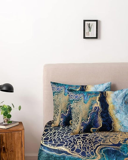 Royal Blue Marble Duvet Cover Set King Size Sequin Gold Bedding Comforter Covers with 2 Pillow Shams Breathable Durable Soft Comfy