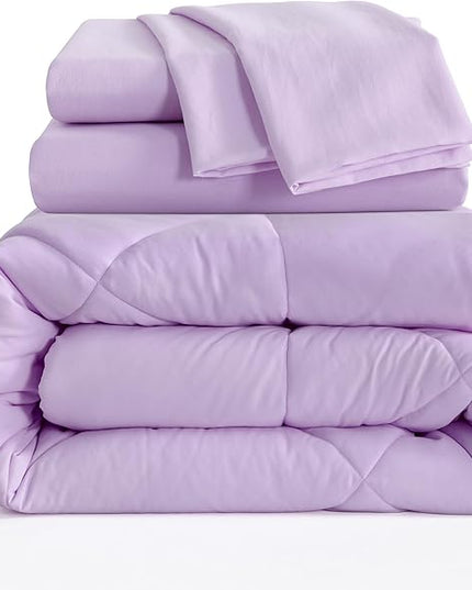 NTBAY Twin Comforter Set with Sheets, 5 Pieces Soft and Breathable Twin Bedding Set, Twin Bed in a Bag, Down Alternative Comforter Set Solid Color All Season, Kids Bedding Set, Light Purple