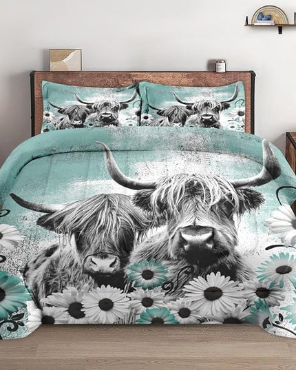 Comforter Set Full Size with 2 Pillowcases, Highland Cow Animal 3 Pcs Bedding for Kids and Adults, Farm Daisy Soft Comforter Set for Bedroom Bed Decor