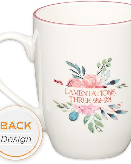 Christian Art Gifts Inspirational Ceramic Coffee & Tea Mug for Women: Mercies are New Every Morning Encouraging Bible Verse, Microwave & Dishwasher Safe Novelty Drinkware, White & Pink Floral 12 oz.