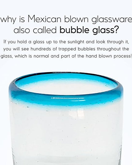 Aqua Blue Rim 10 oz Tumbler Glasses (set of 6) Mexican Handmade Glassware, Recycled Glass, Lead-free, Toxin-Free (Tumbler)