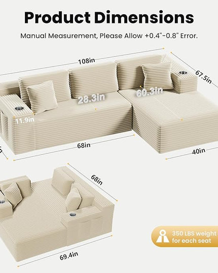 Bashaw 108" Cloud Sectional Couch Sofa with L-Shape Chaise, Modern Modular Sofa Couch Upholstered Couches for Living Room Bedroom, No Assembly Required (Beige, Right Facing Chaise)
