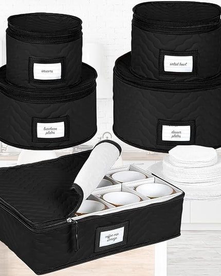 China Storage Containers 5-Piece Set Moving Boxes for Dinnerware, Glasses, Plates, Mugs and Saucers Sturdy Quilted Microfiber Dish Organizer with Dividers for Seasonal Storage - Holds Set of 12, Black