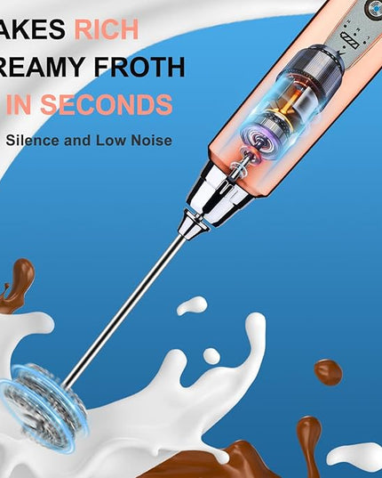 YUSWKO Rose Gold Handheld Milk Frother Wand for Coffee, Rechargeable Electric Whisk with 3 Heads 3 Speeds Drink Mixer Coffee Frother For Latte, Cappuccino, Hot Chocolate, Egg