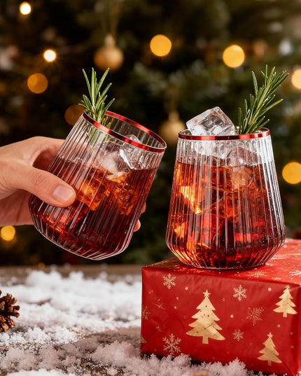BESTSTAR 36 Pcs 12 oz Plastic Clear Red Rim Ribbed Wine Glasses, Origami Ripple Disposable Champagne Glasses Elegant Whiskey Glasses Ideal for Weddings, Bars, Christmas, Pool Party, Daily Use