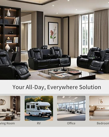 Power Recliner Chair Set, Black Leather Reclining Sectional Couch with Adjustable Angle, Living Room Furniture Sets, Modern Reclining Single Chair with Comfy Armrests and Backrests for RV
