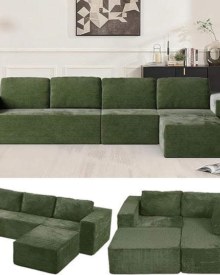 136" Modular Sectional Sofa with L-Shape Chaise, Right/Left Facing Deep Seat Cloud Couch, No Assembly Required, Upholstered Couch for Living Room Bedroom (Green, Plush Corduroy Fabric)
