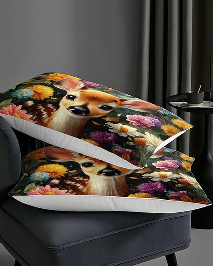 AILONEN Cute Deer Comforter Set Full Size,Kawaii Fawn Animal Bedding Sets Bedroom Decor,Beautiful Floral Duvet Set,3-Piece, 1 Quilt and 2 Pillowcases,Soft Breathable