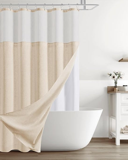 Naturoom Natural Linen Shower Curtain with Snap in Liner Set Rustic Farmhouse Shower Curtains for Bathroom 200GSM Textured Cream Burlap Cloth Double Bath Curtains with See Through Top Window 72x72