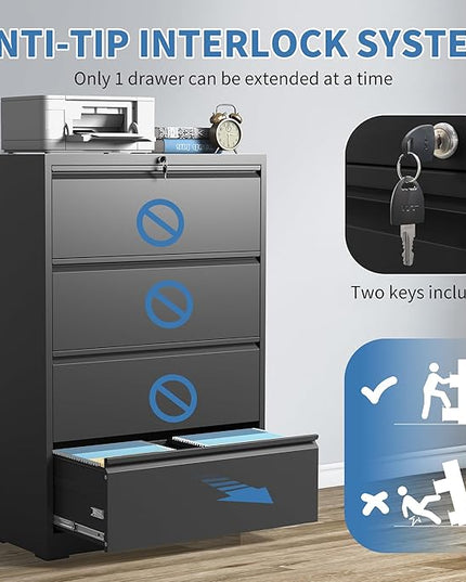 File Cabinets 4 Drawer,Metal Office Storage Filing Cabinet with Lock,Black Lateral Filing Cabinet for Home Office,Horizontal Locking File Cabinet for Legal/Letter/A4 Files,Assembly Required