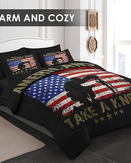 Comforter Set Queen Size, American Flag Military Gun 7 Pcs Bedding for Kids and Adults, Memorial America Army Bed Sheet Sets with Fitted Sheet 2 Pillowcases & 2 Shams