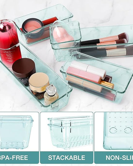 10 PCS Drawer Organizer Set, 4 Varied Size Bathroom and kitchen Drawer cabinet organizer Trays, Clear Storage Bins for Makeup, Jewelry, Utensils and Gadgets