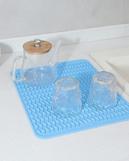 Silicone Dish Drying Mat for Multiple Usage,Easy clean,Eco-friendly,Heat-resistant Silicone Mat for Kitchen Counter or Sink,Refrigerator or drawer liner Light Blue L 16 inches x 12 inches