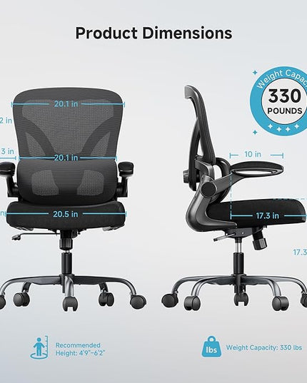 Office Chair with Adjustable Lumbar Support, Home Office Desk Chair with Flip-up Armrests, 330 lbs Mesh Computer Chair for Long Day Use, Black