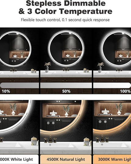 24 Inch Round LED Bathroom Mirror with Lights, Anti-Fog, Dimmable, Front & Backlit, Memory Function, 3 Color Temperatures