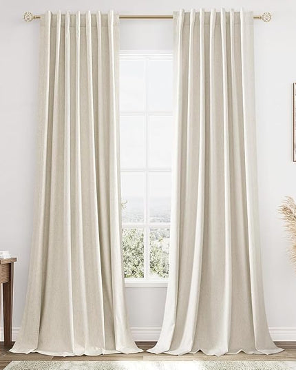 Guken 100% Blackout Linen Curtains 110 Inch Wide by 52 Inch 2 Panels Set for Living Room Bedroom Back Tab Thermal Insulated Black Out Drapes Room Darkening Window Curtains, Linen