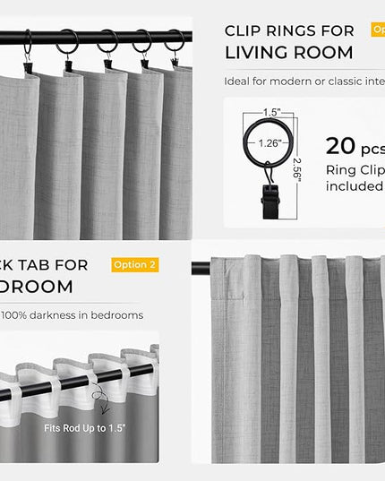 INOVADAY 100% Blackout Curtains for Bedroom, Black Out Curtains 120 Inch Long, Clip Rings Linen Blackout Drapes, Thermal Insulated Room Darkening for Living Room, 2 Panels - Grey,W50xL120