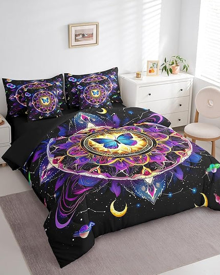 Feelyou Sun and Moon Kids Comforter Set 7 Pieces, Yoga Chakras Bedding King with 1 Comforter,1 Fitted Sheet,1 Flat Sheet,2 Pillowcases,2 Throw Pillow Cover, Boho Mandala Bed Set for Boys Girl