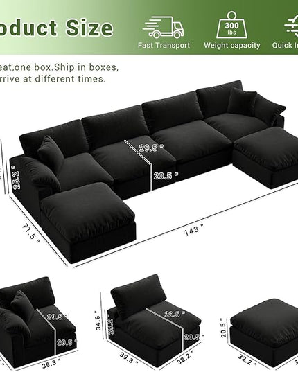 Modular Sectional Sofa,Extra Comfty Deep-Seat-Filled Couch,Black 6 Seat U Shape Sofas with Movable Ottoman,Modern Couches for Living Room, Apartment, Office,Small Space