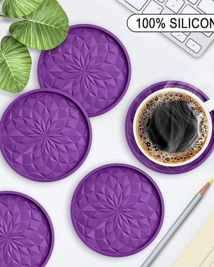 ME.FAN Silicone Coasters with Holder,[6 Pack] Drinking Coasters - Cup Mat for Hot or Cold Drinks, Thickened, Non-Slip, Non-stick,Deep Tray Dark Purple
