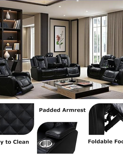 Living Room Furniture Sets,Power Recliner Sofa Set with LED Light,Black Leather Sofa and 2 Chairs Set,Modern Power Reclining Sets with Cup Holder/Storage Console for House